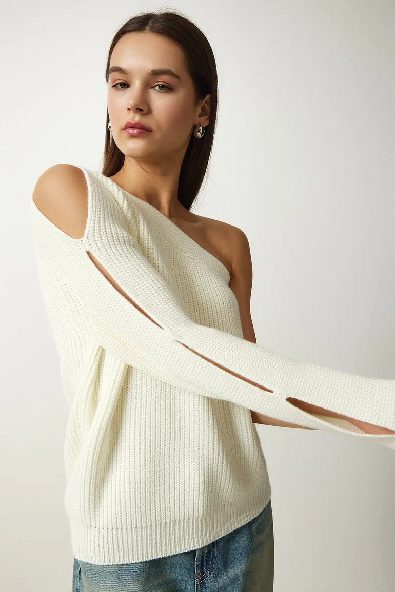 Women's Ecru Window Detailed Single Sleeve Knitwear Sweater - 5