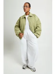 Plus Collared Oversized Bomber Jacket - khaki - 1