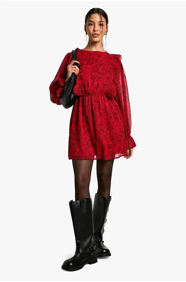 Paisley Ruffle Skater Dress - red