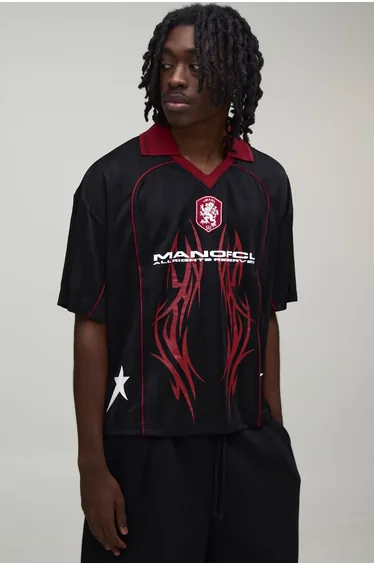 Oversized Grunge Varsity Applique Mesh V Neck Football Top - black