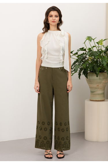 Embroidered Floral Eyelet Straight-Leg Jeans in Army Green
