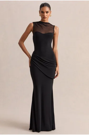 فستان ماكسي بياقة عالية ميش - أسود