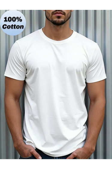 Men 100% Cotton White Round Neck T-Shirt