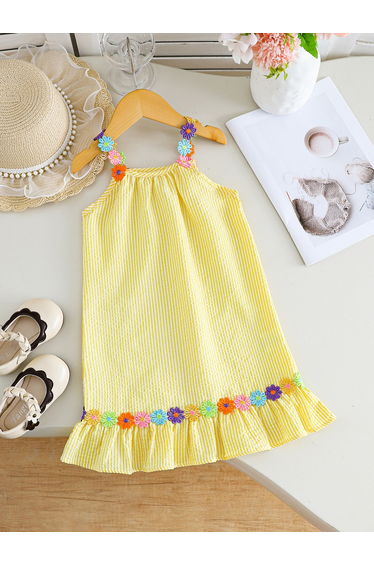 Girls Floral Embroidered Sleeveless Ruffle Hem Dress
