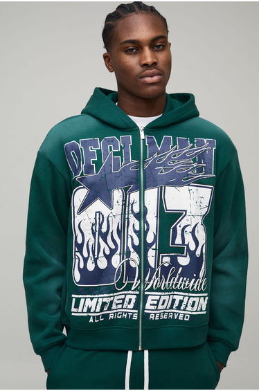 Oversized Boxy OFCL MAN Spray Wash Zip Through Hoodie - forest