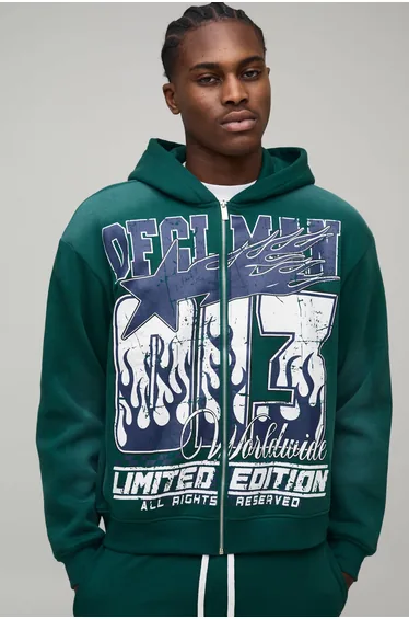 Oversized Boxy OFCL MAN Spray Wash Zip Through Hoodie - forest