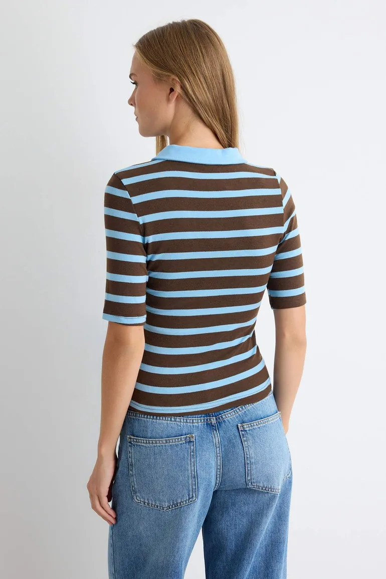 Brown Striped Buttoned Fitted Polo Neck Soft Knitted Blouse - 3