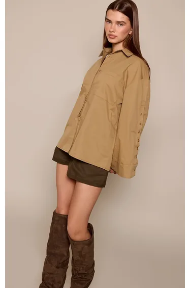 Khaki Cotton Button Sleeve Detail Oversized Shirt