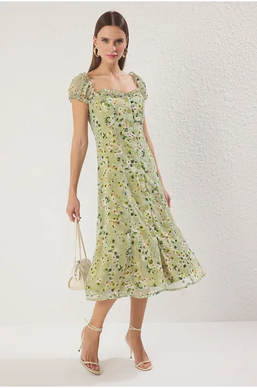 فستان قميص شيفون مبطن بطبعة أزهار - أخضر