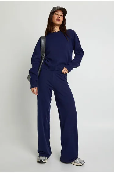 Tall Crew Neck Jumper And Wide Leg Trouser - navy