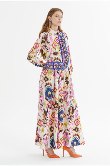 Front Ruffle Detail Patterned Long Dress