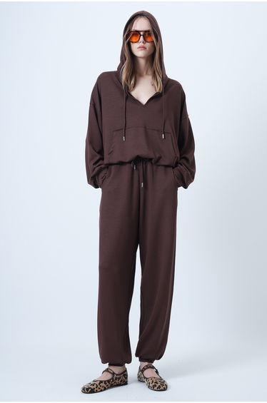 Women's Brown Hooded V-Neck Oversized Modal Sweatshirt and Pants Set