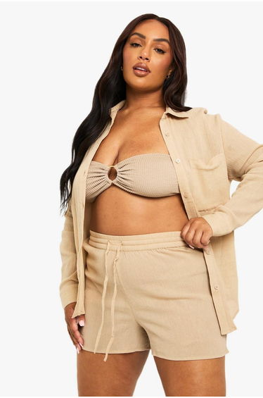 Plus Crinkle Cotton Beach Shorts - beige