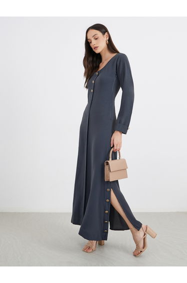 Women Grey Maxi Dress with Buttons