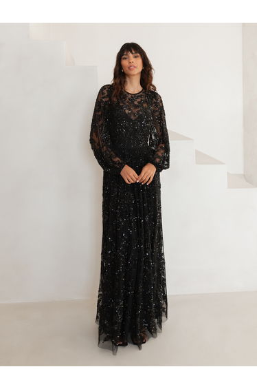 Maya Black Fully Embellished Maxi Sleeve Round Neck Maxi Dress
