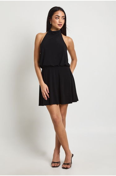 Slinky Halterneck Backless Skater Dress - black