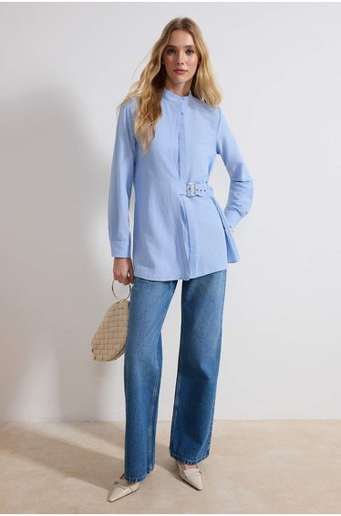 Light Blue Regular Terrycotton Plain Woven Buckle Belt Detailed Hijab Shirt