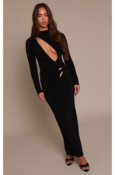 PLT Label Black Double Layer Slinky Trim Detail Asymmetric Plunge Maxi Dress