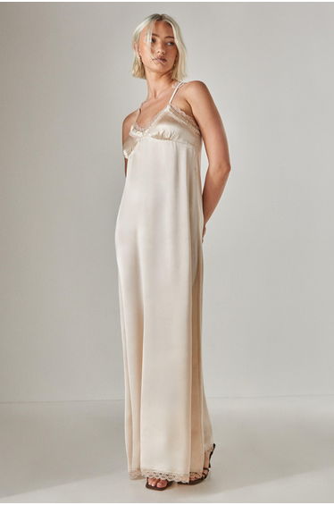 Satin Lace Trim Maxi Slip Dress
