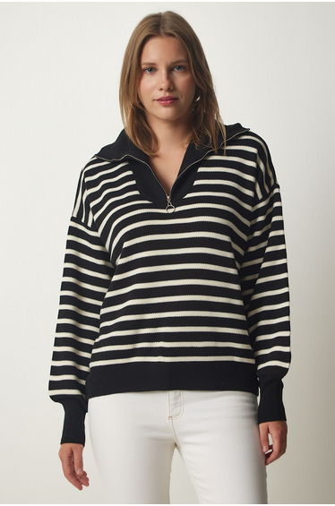 Women's Black Striped Zipper Collar Knitwear Sweater