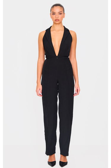 Black Tailored Woven Waistcoat Lace Up Detail Jumpsuit
