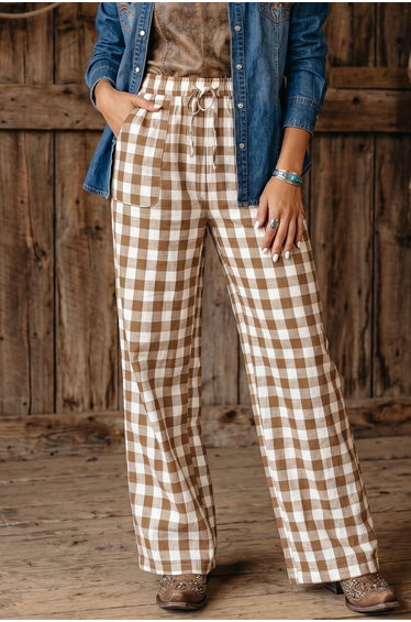 Lvness Brown Gingham Plaid Tie Elastic Waist Shift Pants product thumbnail 2