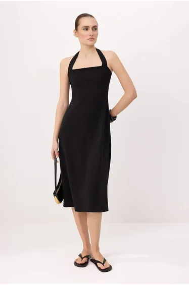 Black Plain A-Line Halter Tie-Detail Sleeveless Midi Crepe Knitted Dress