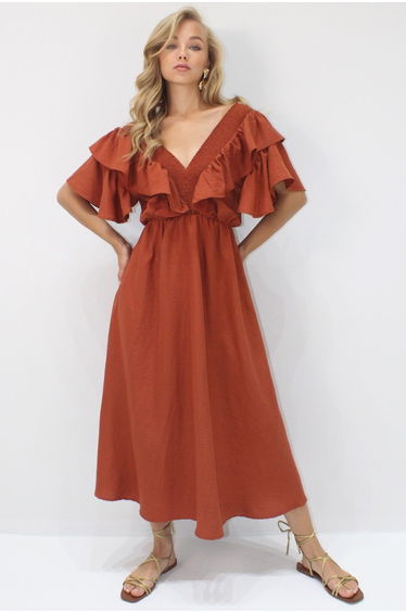 Women's Tile Collar Gipel and Flounce Waist Belted Midi-length Woven Dress