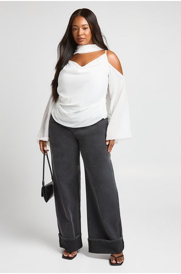 Plus Sheer Cowl Neck Top With Scarf Detail - ivory