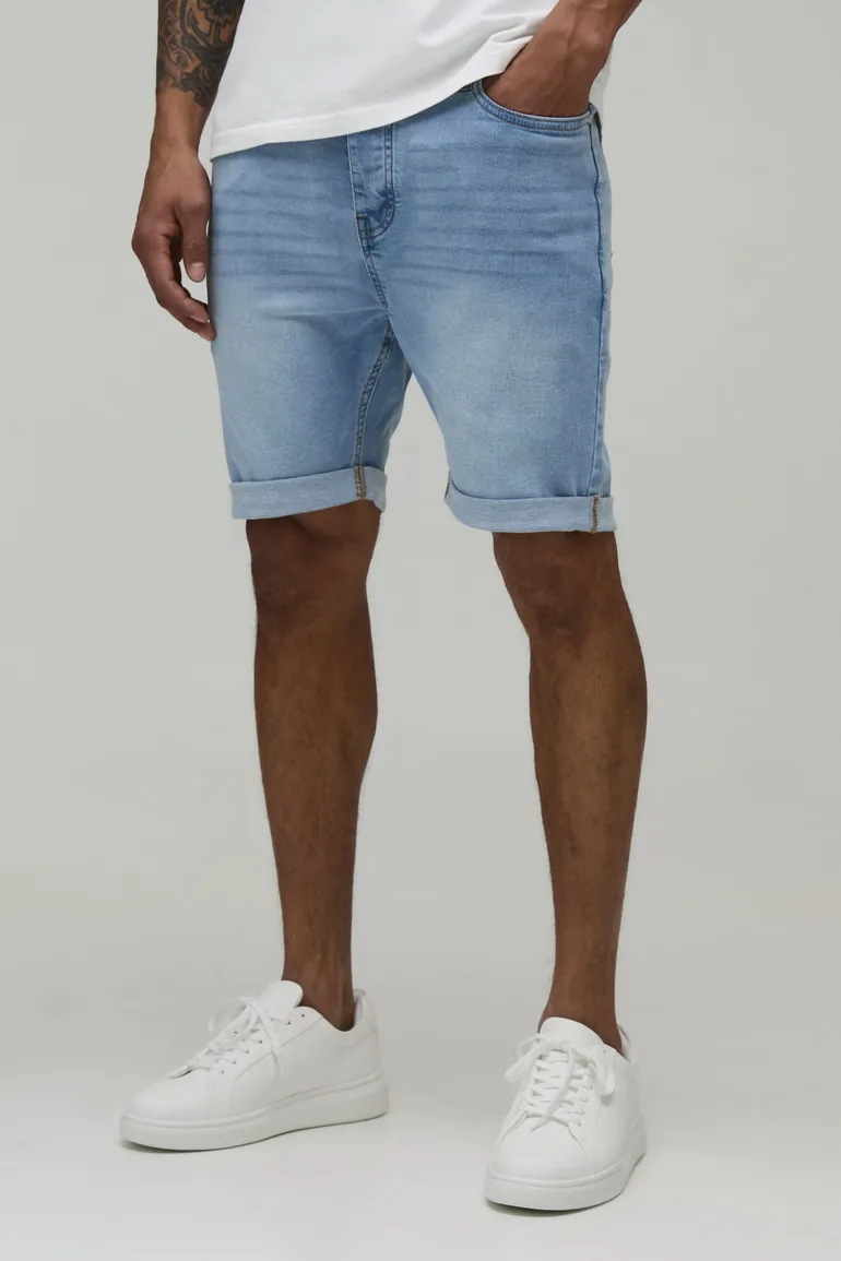 Basic Skinny Stretch Fit Denim Shorts - light blue