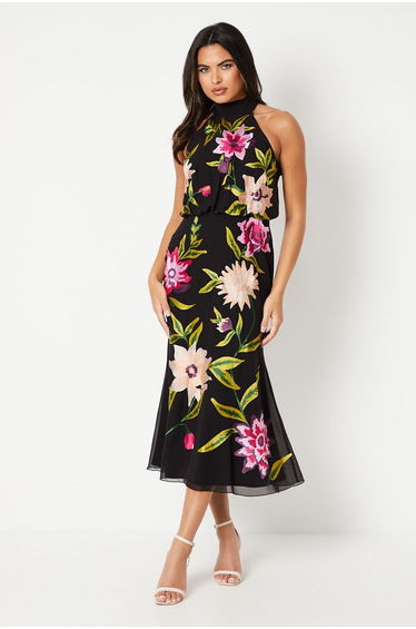 High Neck Midi Dress With Floral Embroidery
