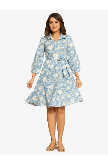Women Blue Floral Print Cotton Mini Dress