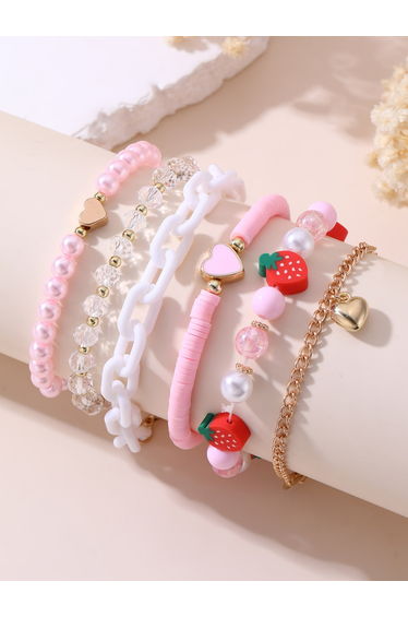 Pack of 6 - Pink Beaded Charm Bracelet
