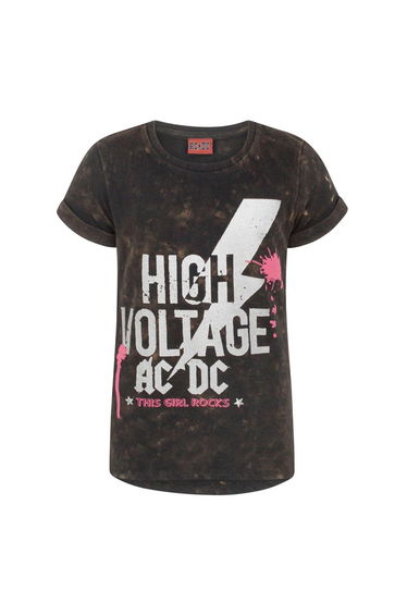 Girls High Voltage Acid Wash T-Shirt - Black