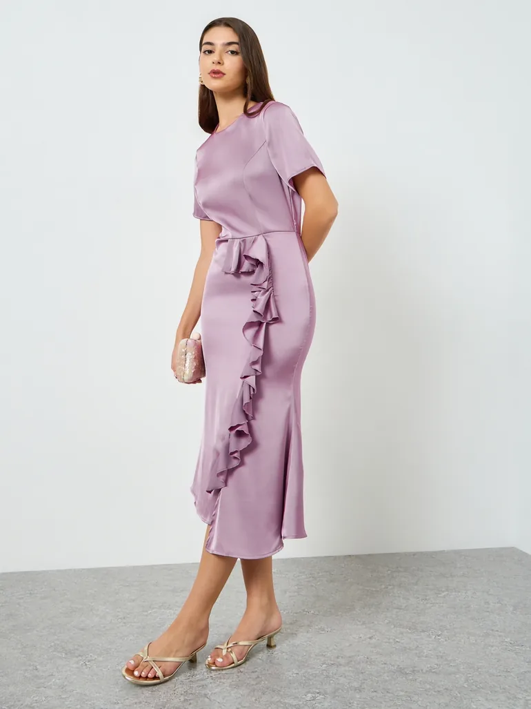 Women Lilac Ruffle Detail Sheath Midi Dress