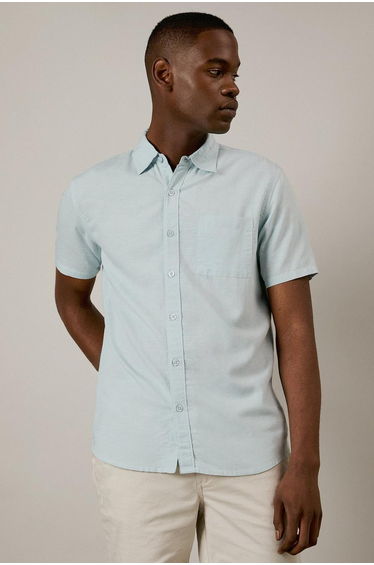 Light Blue Linen Blend Short Sleeve Shirt