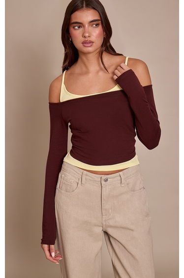 Chocolate Cotton Overlay Detail Bardot Long Sleeve Top