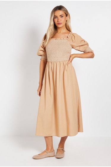Contrast Stitch Shirred Bodice Puff Sleeve Midi Dress