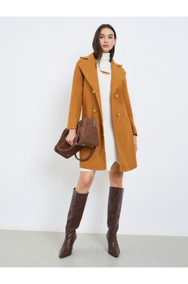Solid Lapel Metal Buckle Detail Mid Length Coat