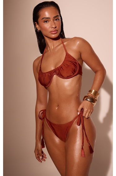 Bronze Tassle Trim Tie Side Bikini Bottom