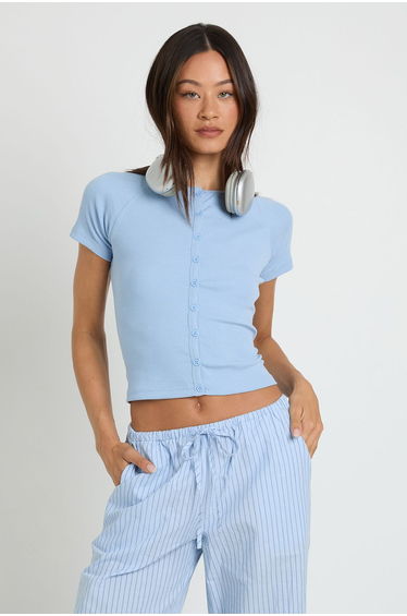 Tall Rib Button Through Cap Sleeve Top - baby blue