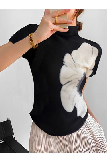 Short Sleeves Skinny Flower Print High Neck T-Shirts Tops