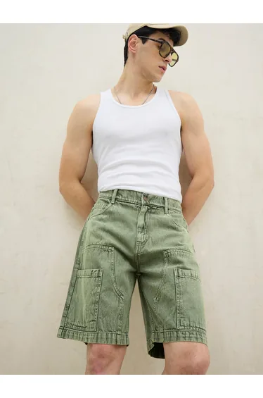 Men Green Washed Denim Relaxed Fit Carpenter Shorts