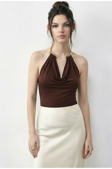 LUCCI Slim Fit Cowl Neck Blouse with Accessory Detail