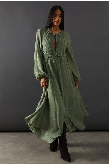 Tufted Dobby Chiffon Button Front Tie Neck Hanky Hem Midi