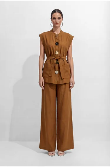 Time Moves Soft Brown Floral Button Vest & Wide Leg Pants Set