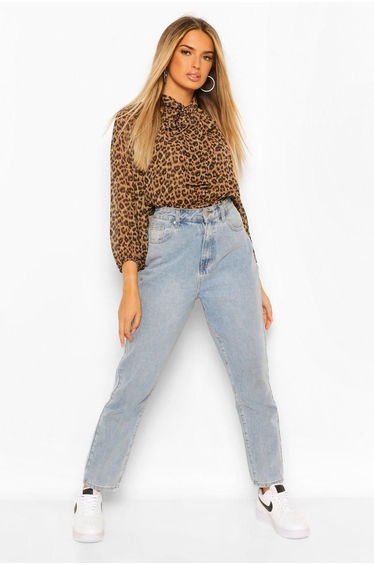 Leopard Pussy Bow Peplum Blouse - brown