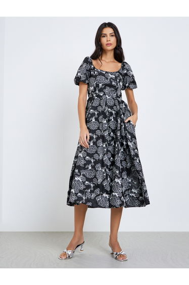 Black Floral Print Puff Sleeve Midi Dress
