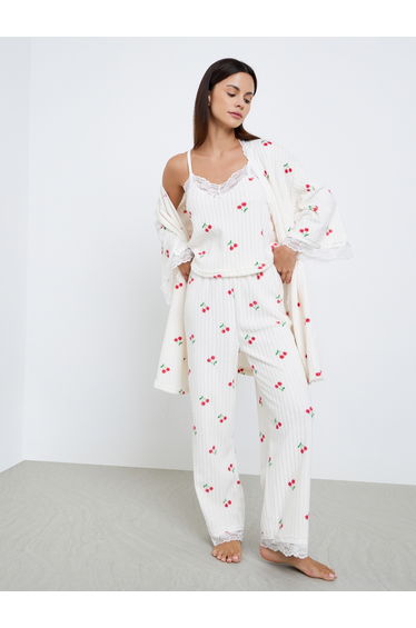 Pack of 3 - Cherry Print Lace Trim Fleece Rib Cami, Pyjama and Robe