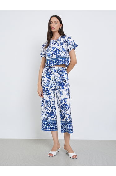 Blue All Over Print Crop Top and Pants Co-Ords